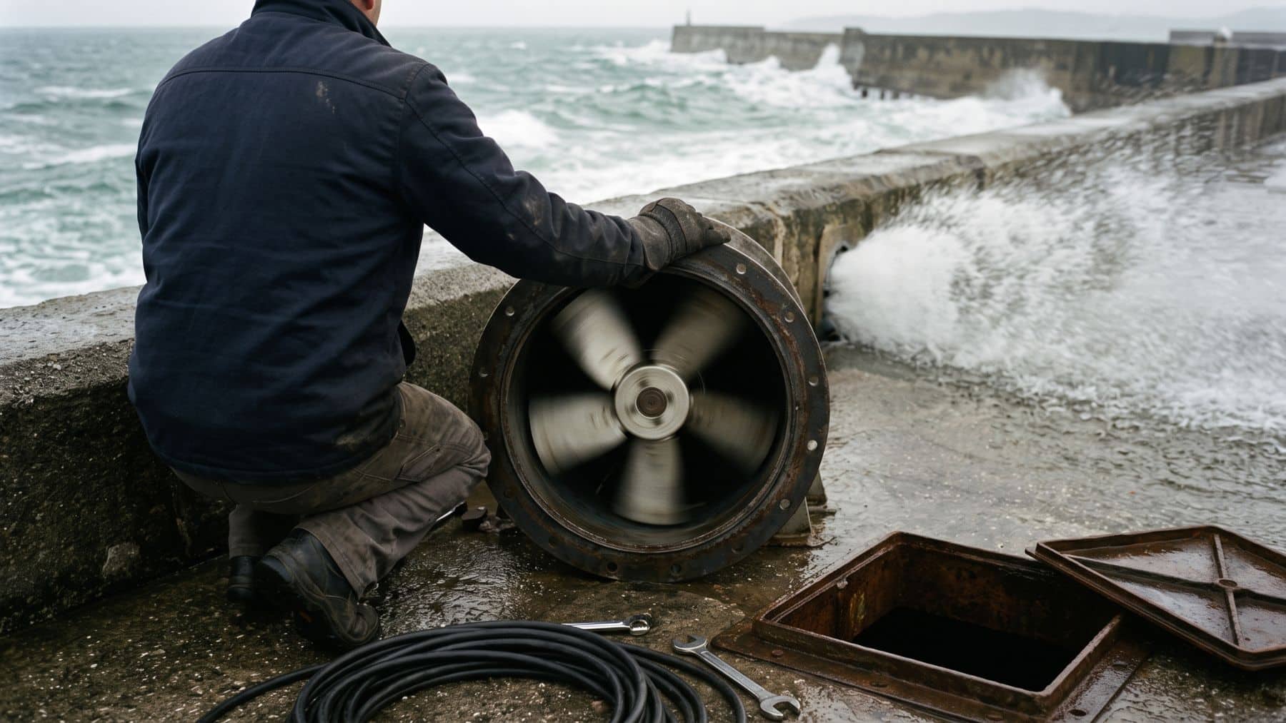 A wave plant turbine spinning as ocean swell drives the air