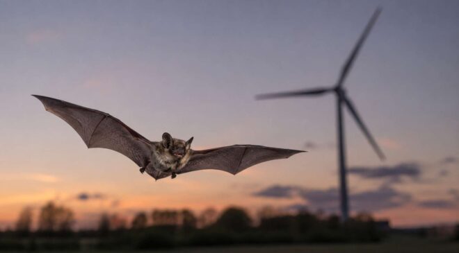 An Ohio wind farm had to shut down every time bats approached, so it tried scaring them away with ultrasound before discovering one species reacted very differently 10 bat flying near wind turbine Ohio