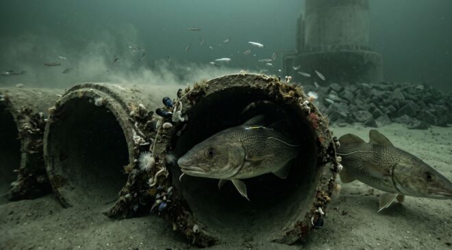 Marine biologists tagged 64 Atlantic cod at a Dutch wind farm and watched them settle into the concrete pipes dropped on the sand instead of the rock piled around the tower bases 12 Atlantic cod sheltering inside stacked concrete pipes on a sandy seabed