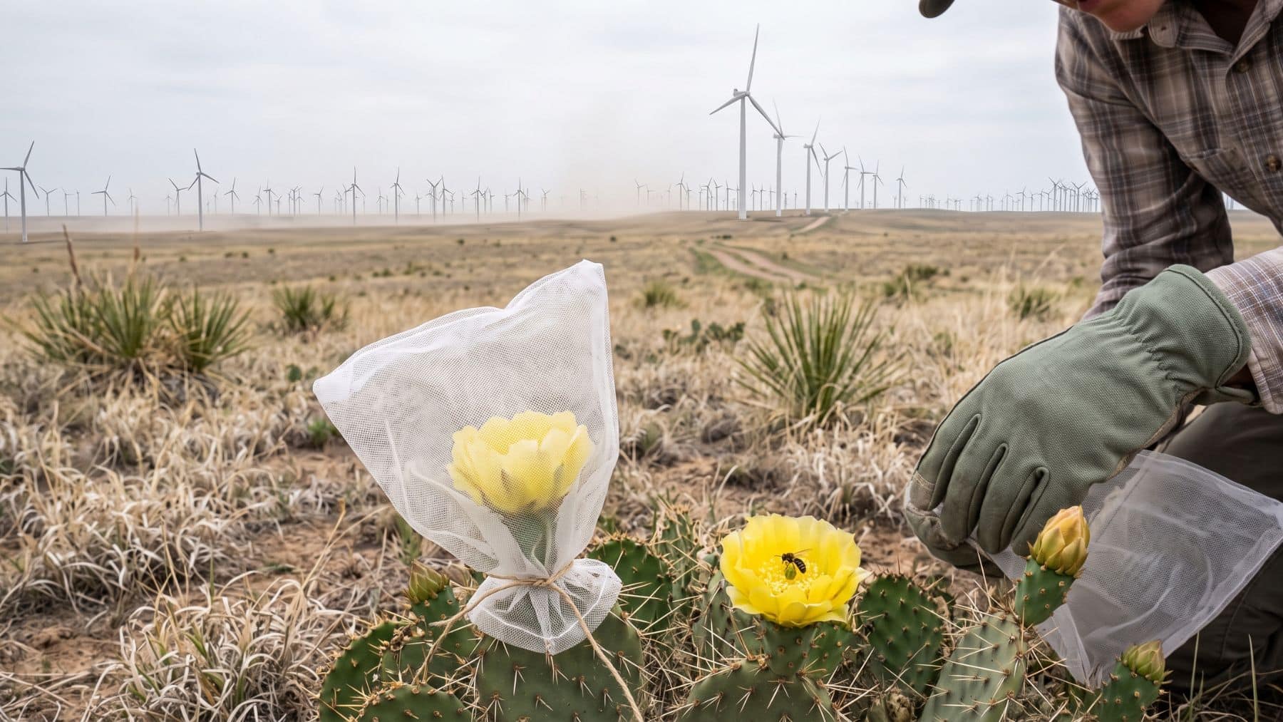 Bagged prickly pear flowers on steppe below distant wind turbines