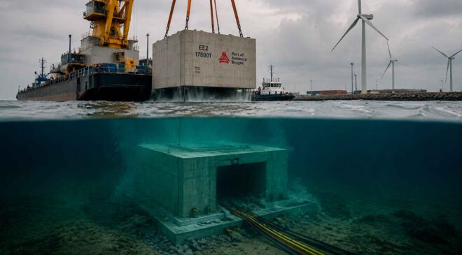 Belgium is sinking 23 concrete blocks weighing 22,000 metric tons into the sea to build a giant “outlet” that collects power from wind farms and sends it to ports and airports 8 lowering concrete platform powered by offshore wind