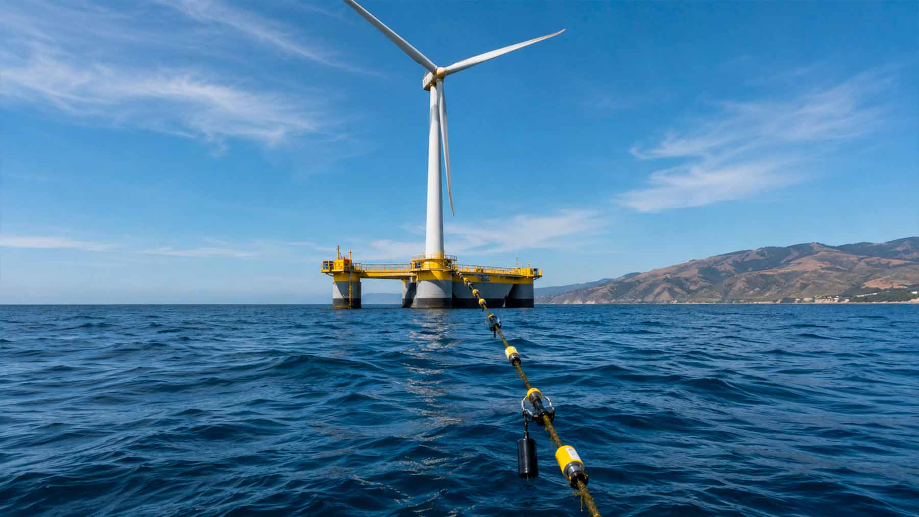 Offshore floating wind turbine with mooring line