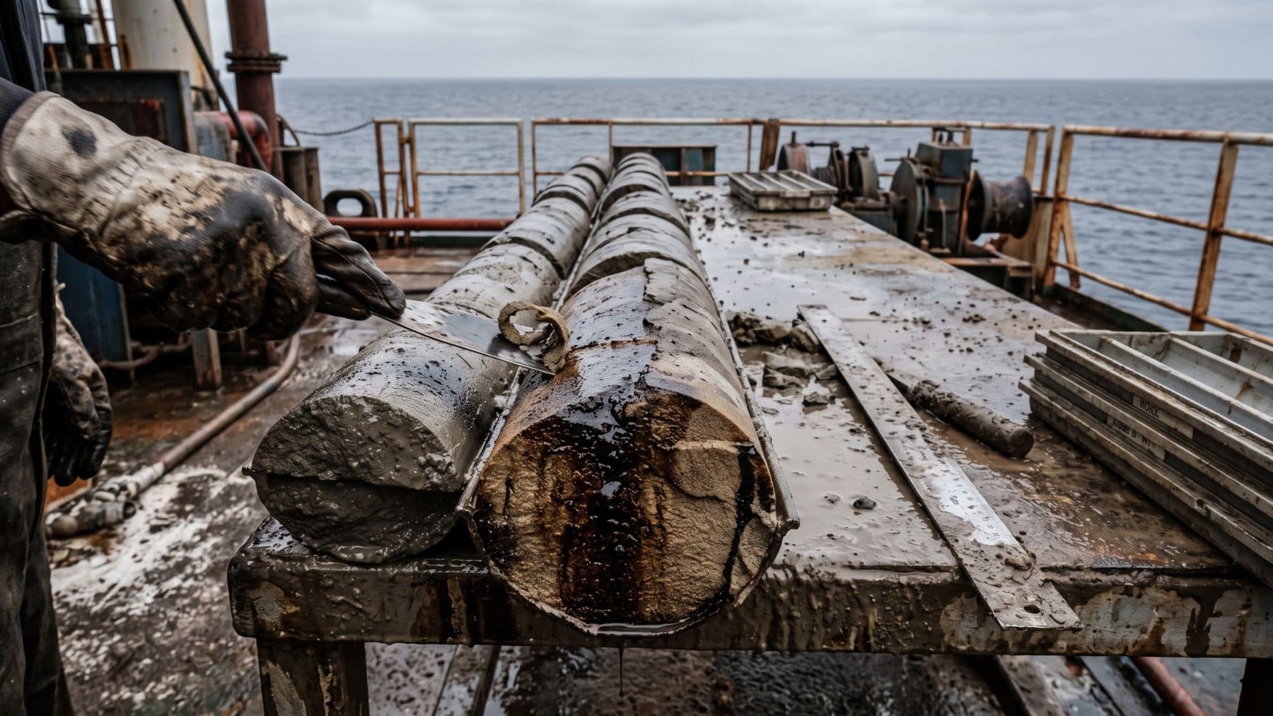 Core samples of Miocene sands laid out on a drillship deck