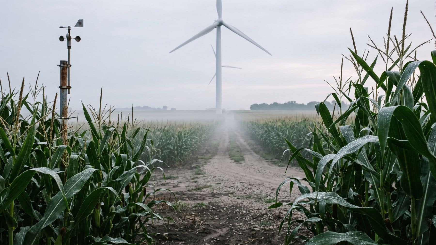 Corn rows beside an Iowa wind farm at dawn with dew
