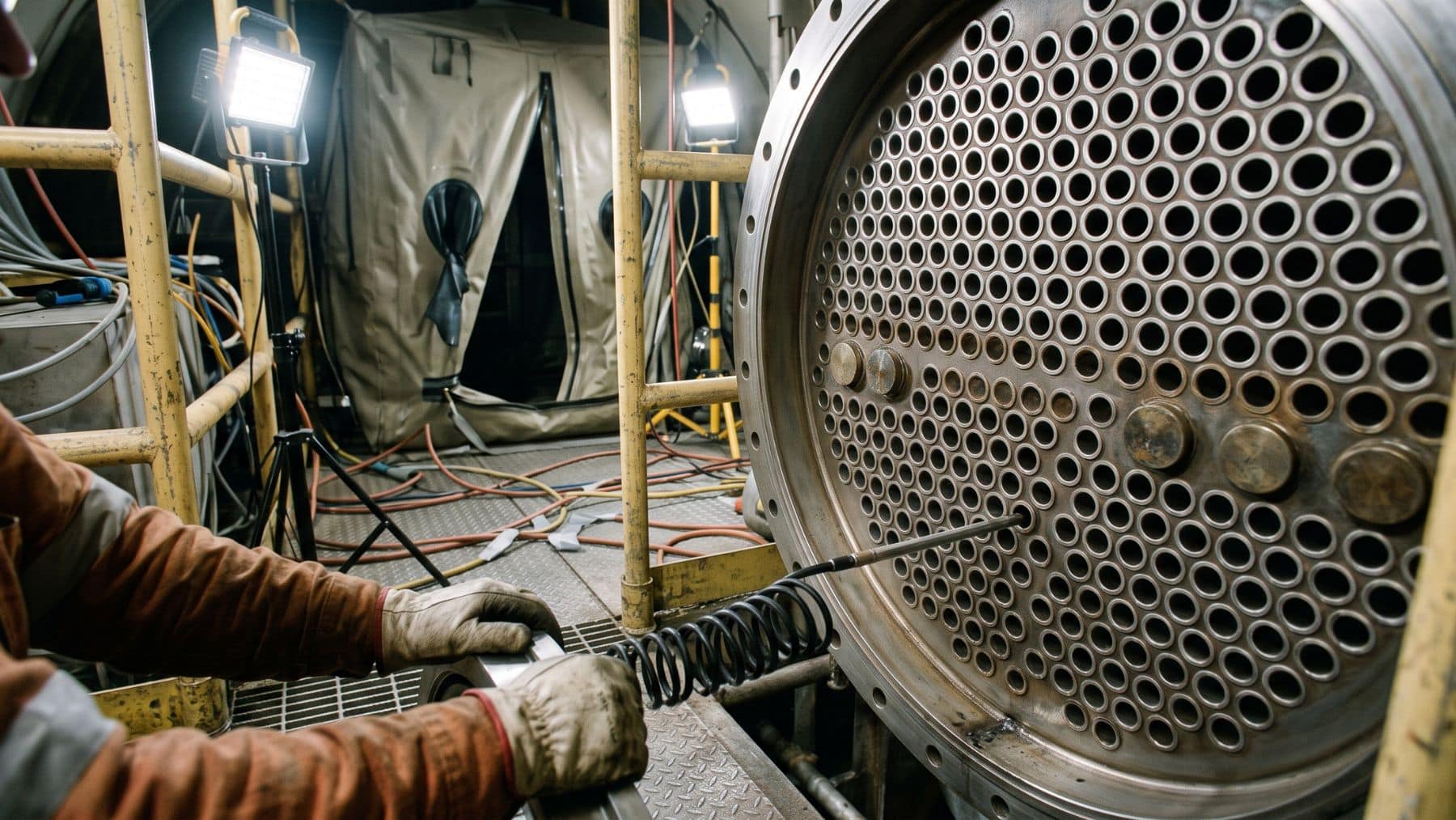 Cracked tubes inspected in a steam generator tube sheet