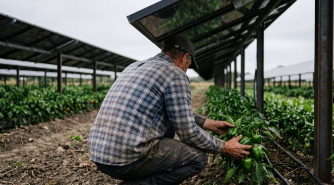 American farmers slid solar panels over 62,000 acres of farmland, and the biggest payoff had almost nothing to do with electricity 14 Farmer checking peppers growing in the shade of solar panels