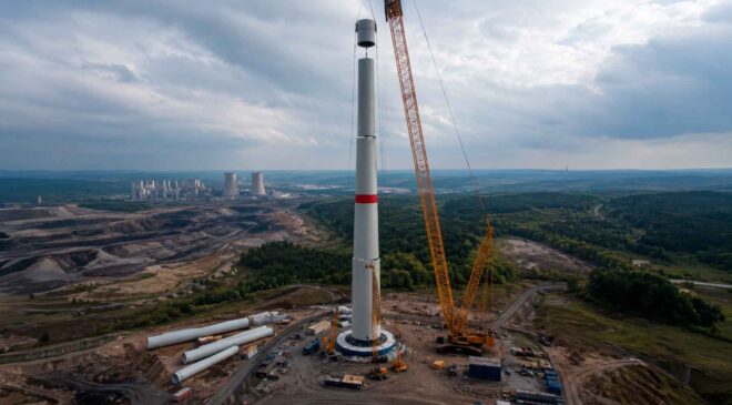 Germany is erecting a 1,180-foot wind turbine in a former coal-mining region and will raise it like a telescope because no conventional crane can reach that high 7 erecting a high-altitude wind turbine