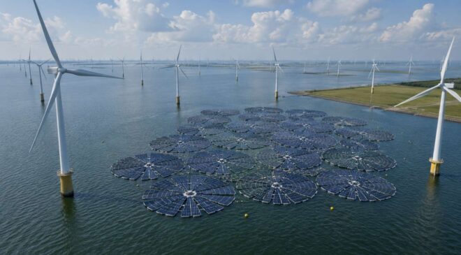 In the Netherlands, a wind farm left a gap between its 69 turbines for “water lily” solar panels that keep generating electricity when the wind dies down 2 offshore wind farm with solar panels
