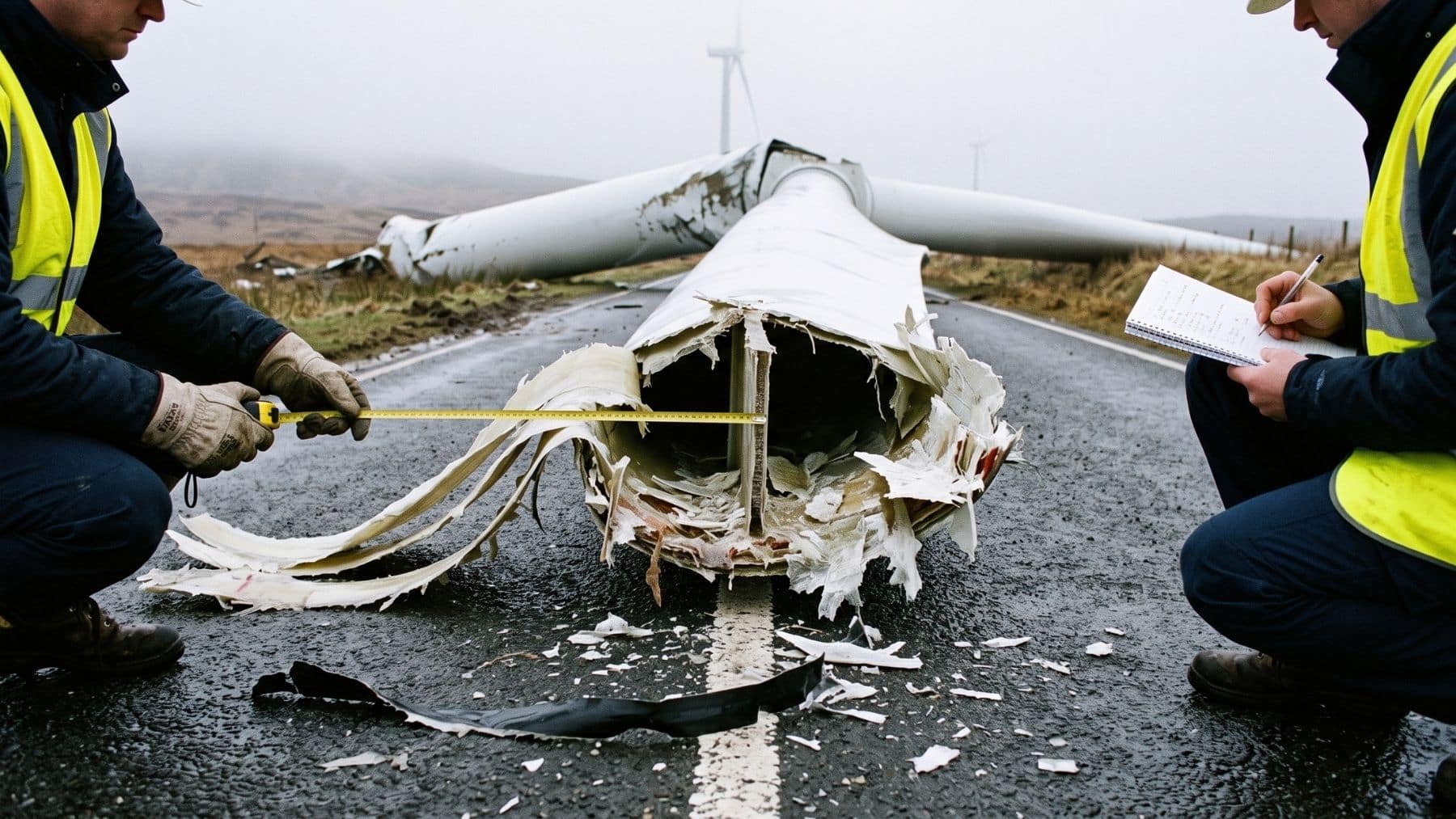 Investigators at the torn blade root of a collapsed wind turbine