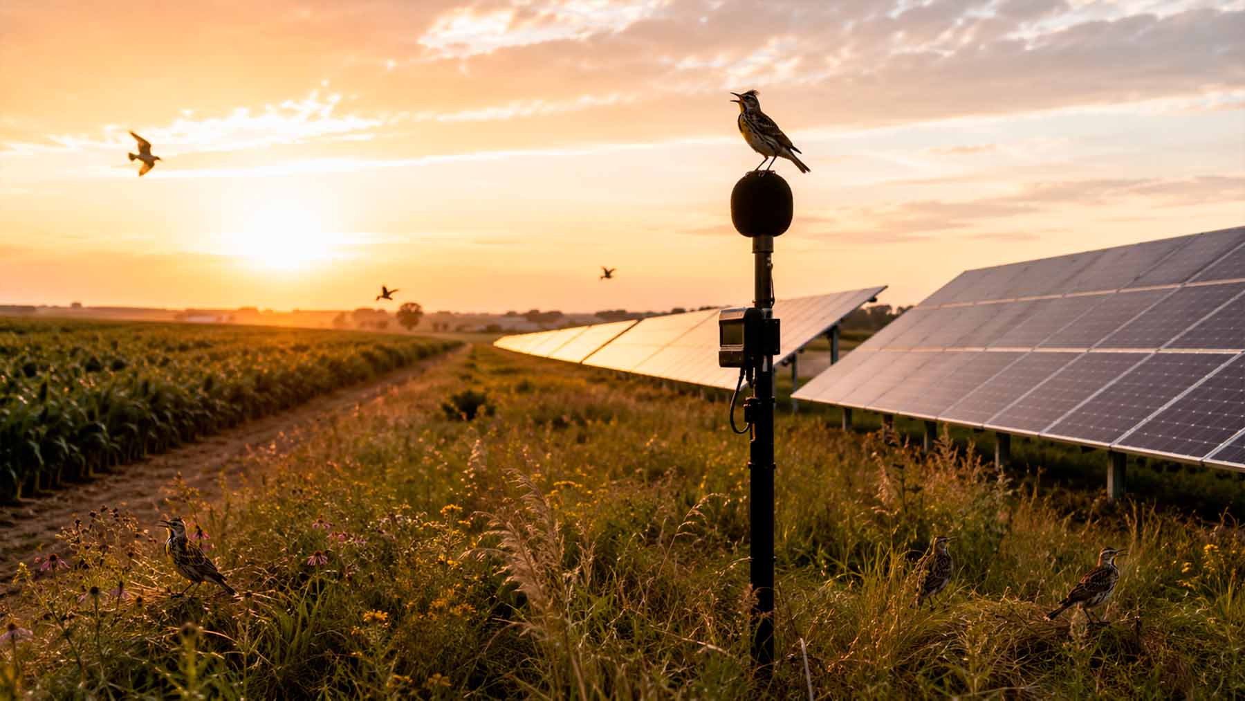 bird on microphone near solar panels