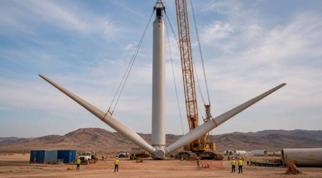 Namibia had no crane big enough for this wind turbine, so crews “mounted it upside down” by attaching two tilted blades on the ground and lifting the whole structure at once 5 top-down wind turbine installation method