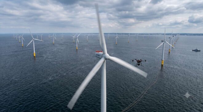 Off Denmark, a drone flew around a wind turbine while its blades were still spinning and inspected them without forcing the machine to stop generating electricity 4 drone inspecting wind turbine blade