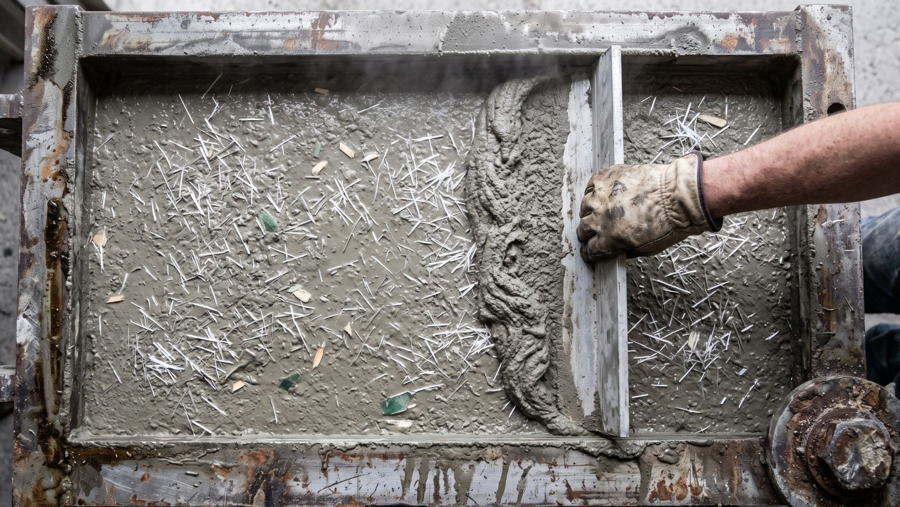 Shredded wind turbine blades poured into a wet concrete mold