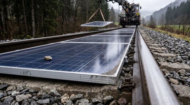 Solar panels laid flat between two steel railway rails