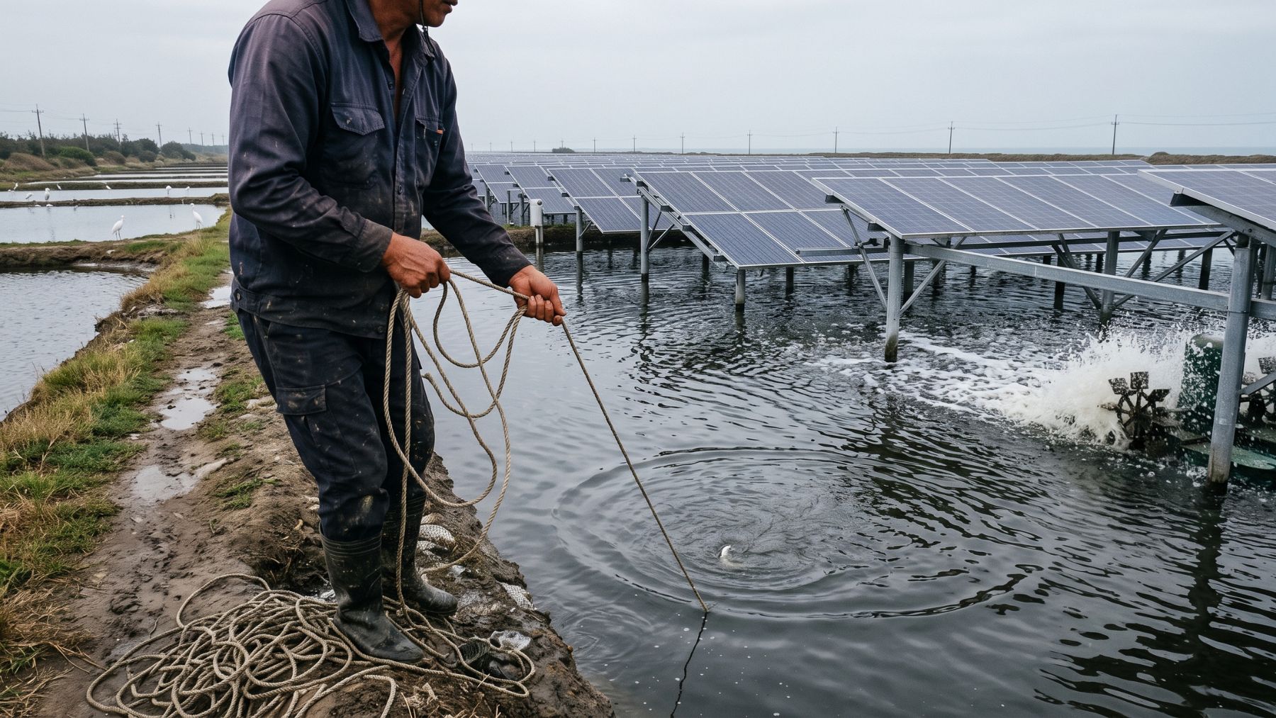 Solar panels on berms above brackish Taiwanese fishponds