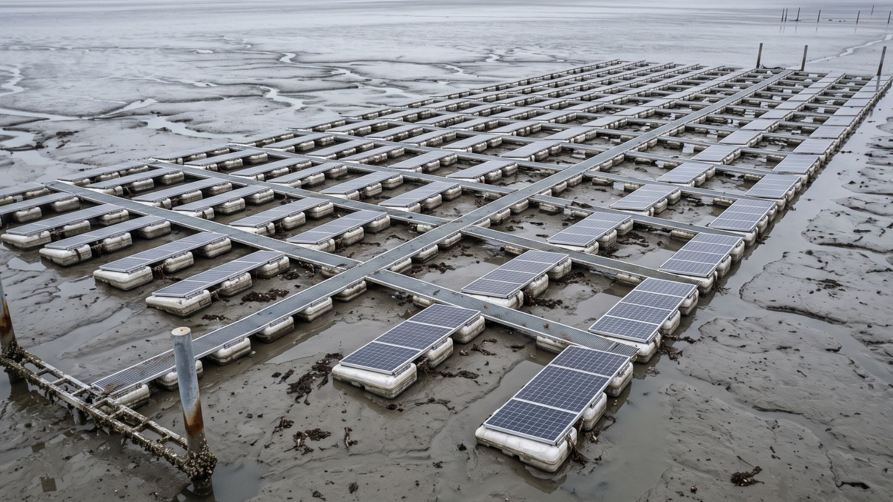 Solar pontoons settling onto bare tidal flats as the water drains