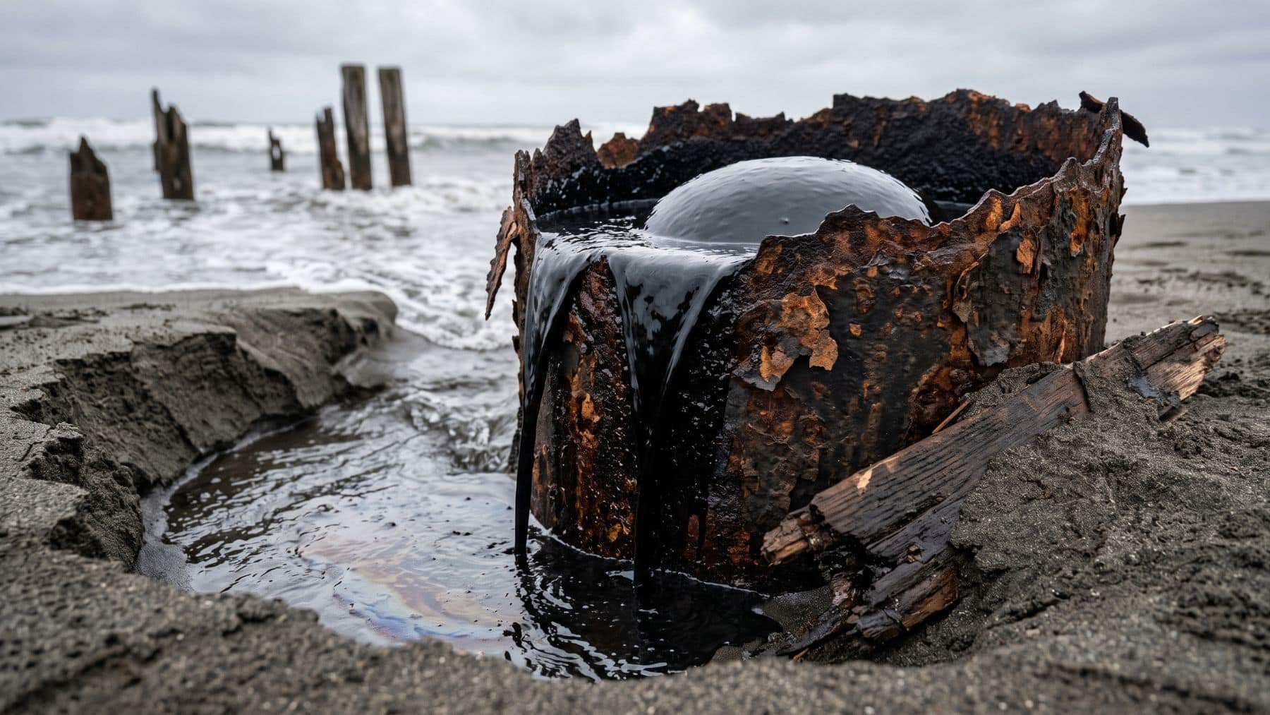 Tar seeping from abandoned oil wells exposed in wet beach sand