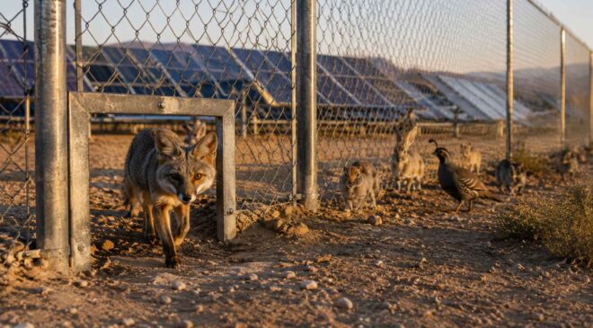 Two large California solar plants cut tiny “doors” into their fences for a five-pound fox, then 102 other uninvited animals started using them too 9 solar plant fence door for foxes