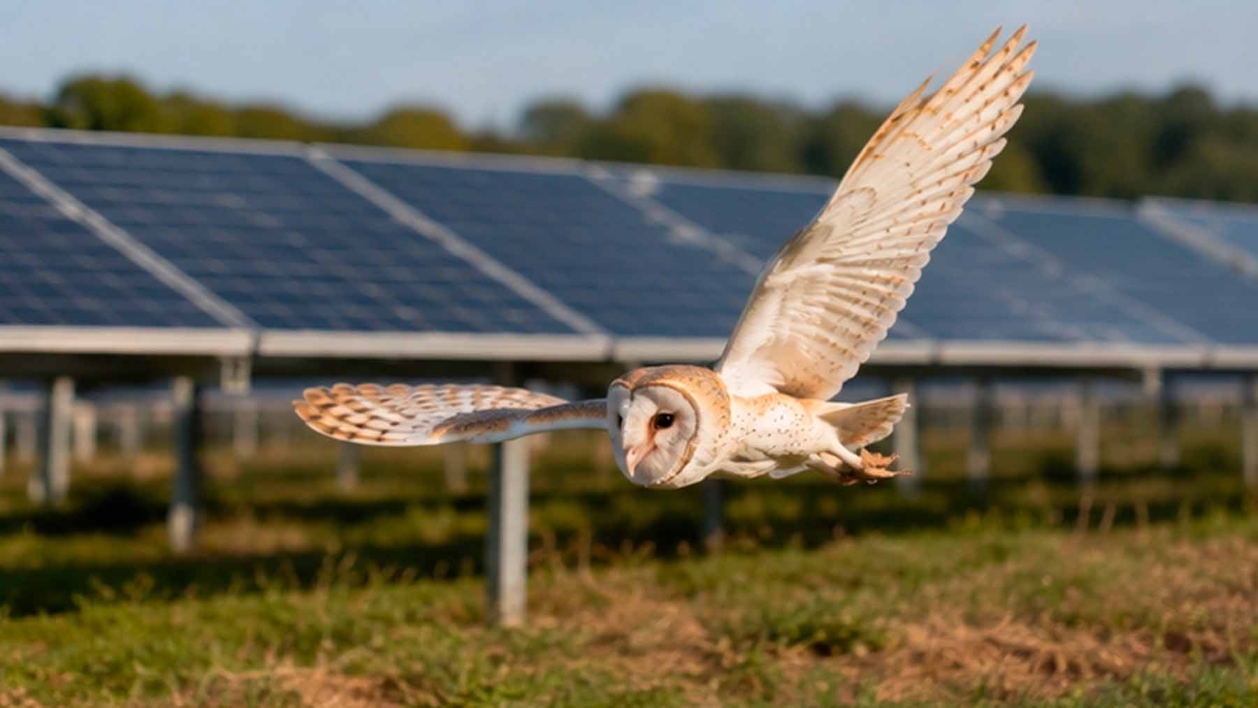barn owl flying near solar panels
