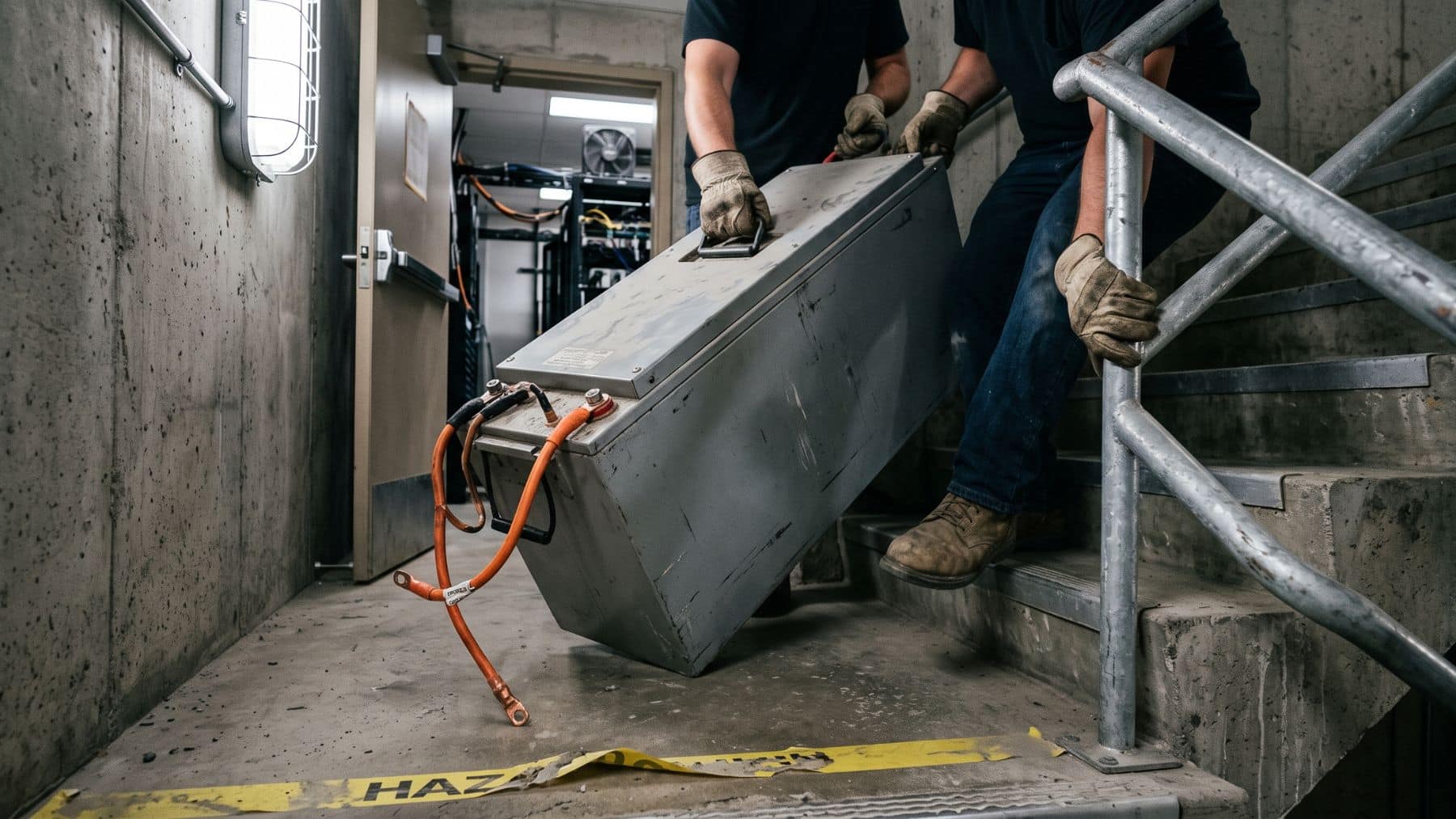 Two workers carrying one of the battery modules down a stairwell