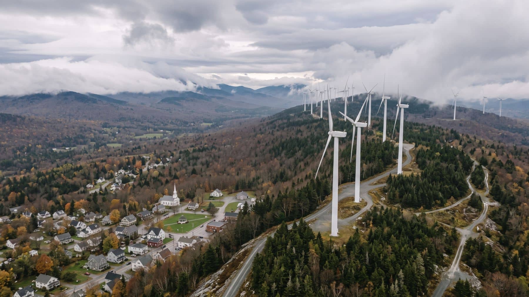 Wind turbines on a Berkshire ridgeline above a small town