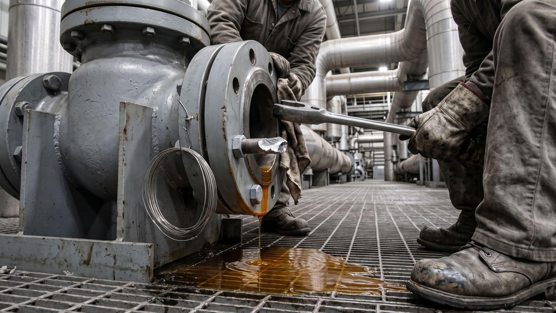 Workers backing a snapped bolt out of a shutoff valve flange