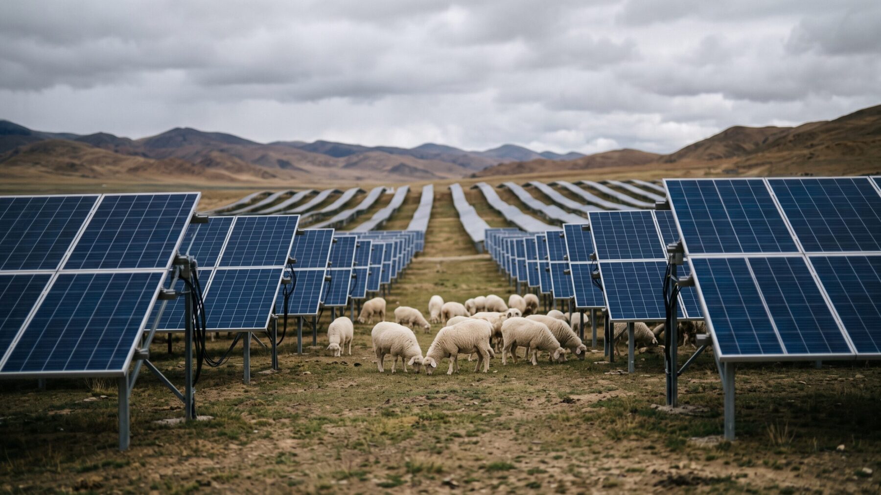 Sheep grazing beneath solar panels at the Qinghai solar complex on China's high-altitude plateau, built across 162