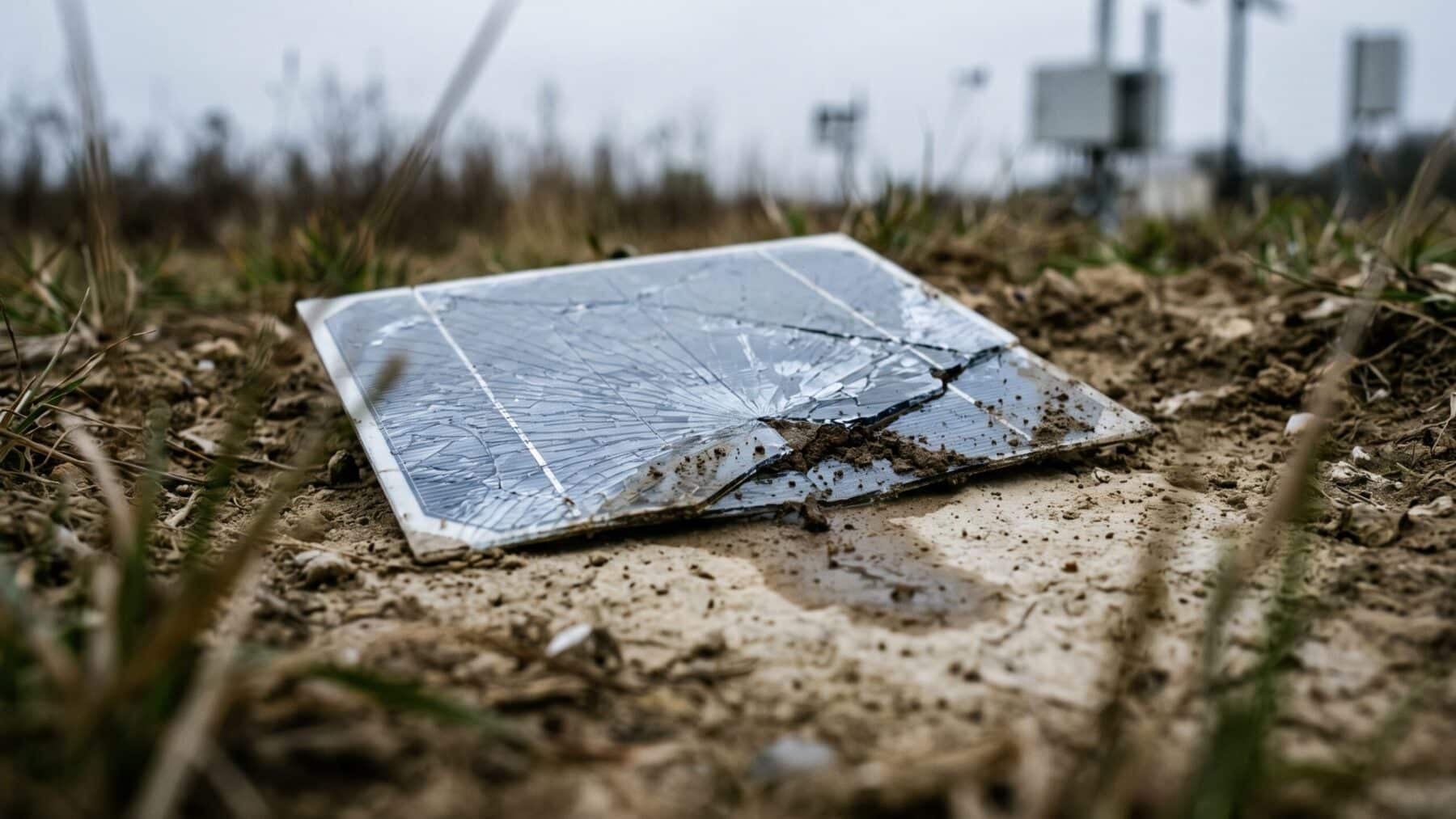 Cracked perovskite solar panel on bare soil showing lead leaching risk at test site, record efficiency perovskite
