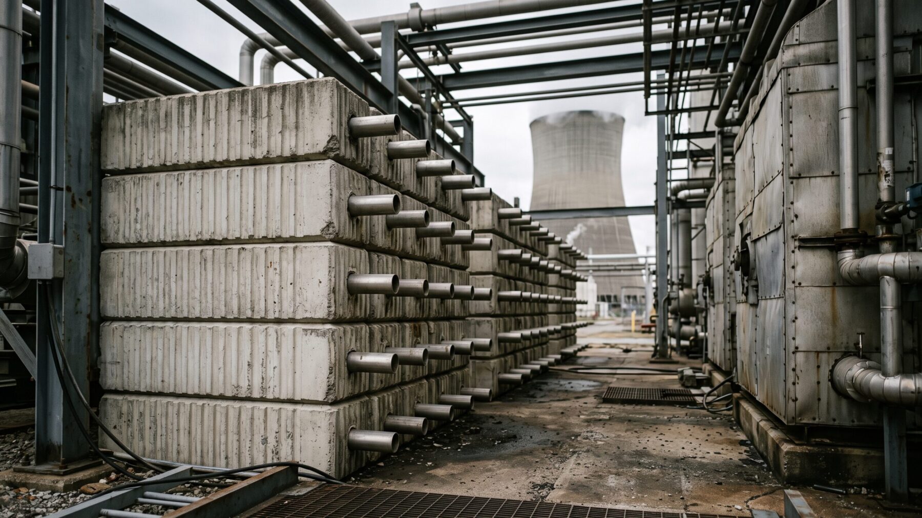Concrete thermal energy storage BolderBloc units stacked at Alabama's Plant Gaston, concrete blocks stacked