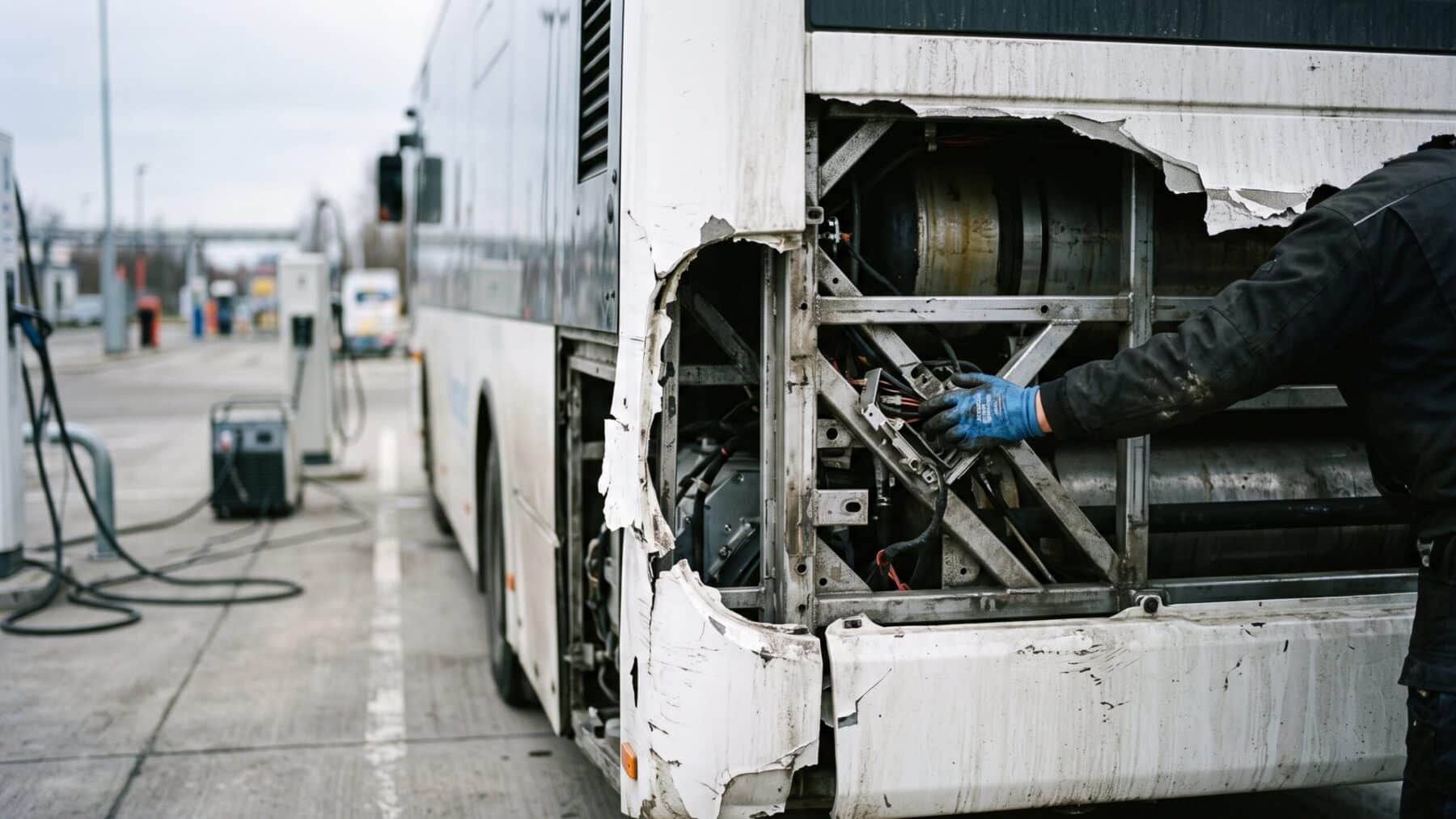 Damaged rear of a hydrogen bus at a charging station, fuel cell stack area exposed, hydrogen fuel cell