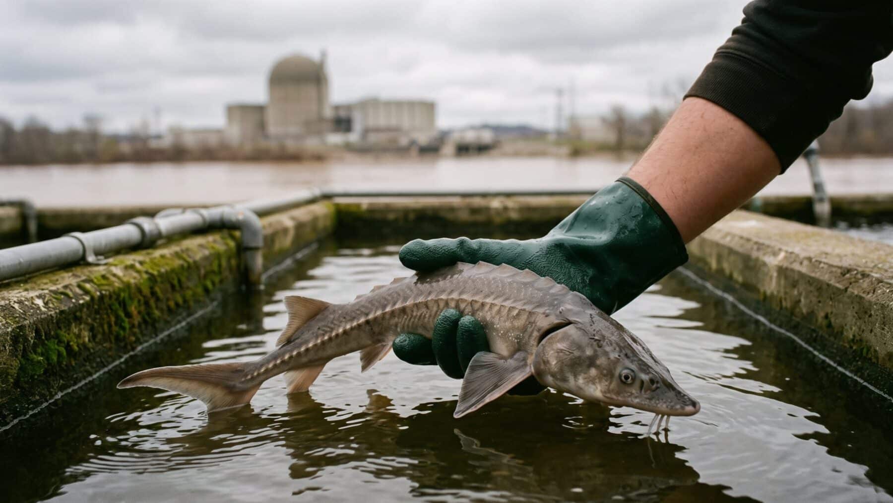 Gloved hand holding a juvenile lake sturgeon above a hatchery tank near the Mississippi River