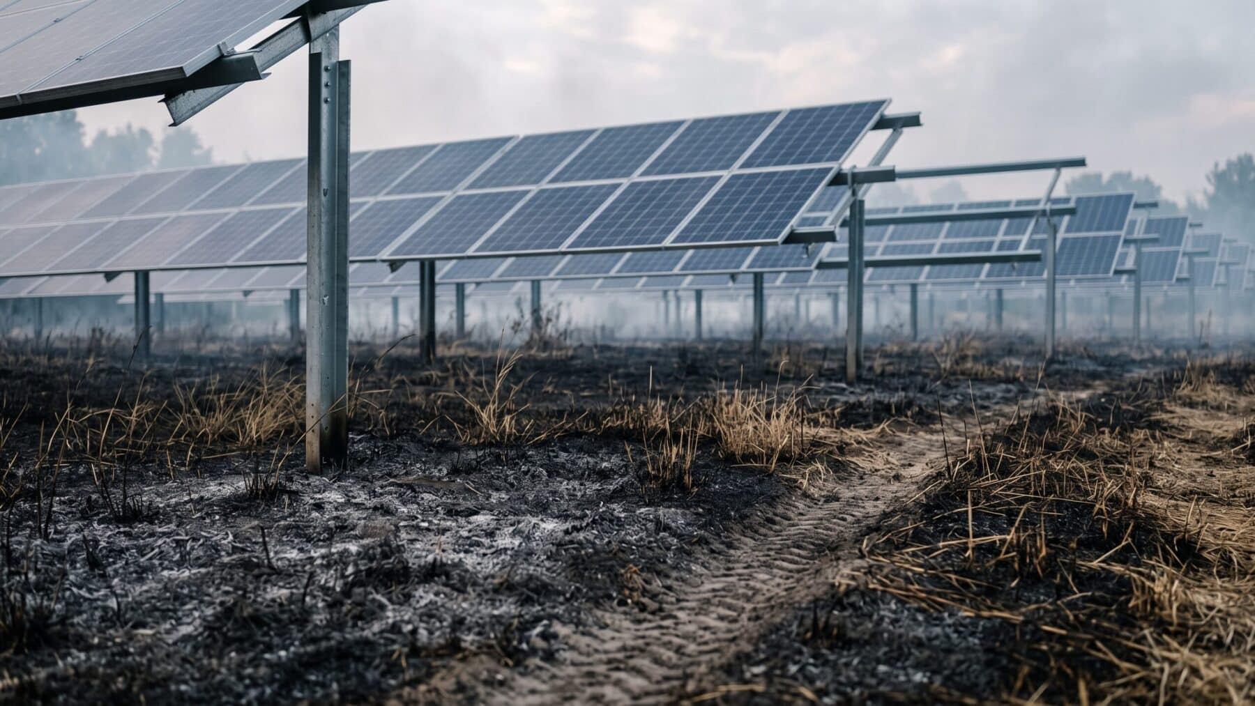 Scorched grass beneath solar panels after the Schaghticoke solar farm converter fire, one failed converter