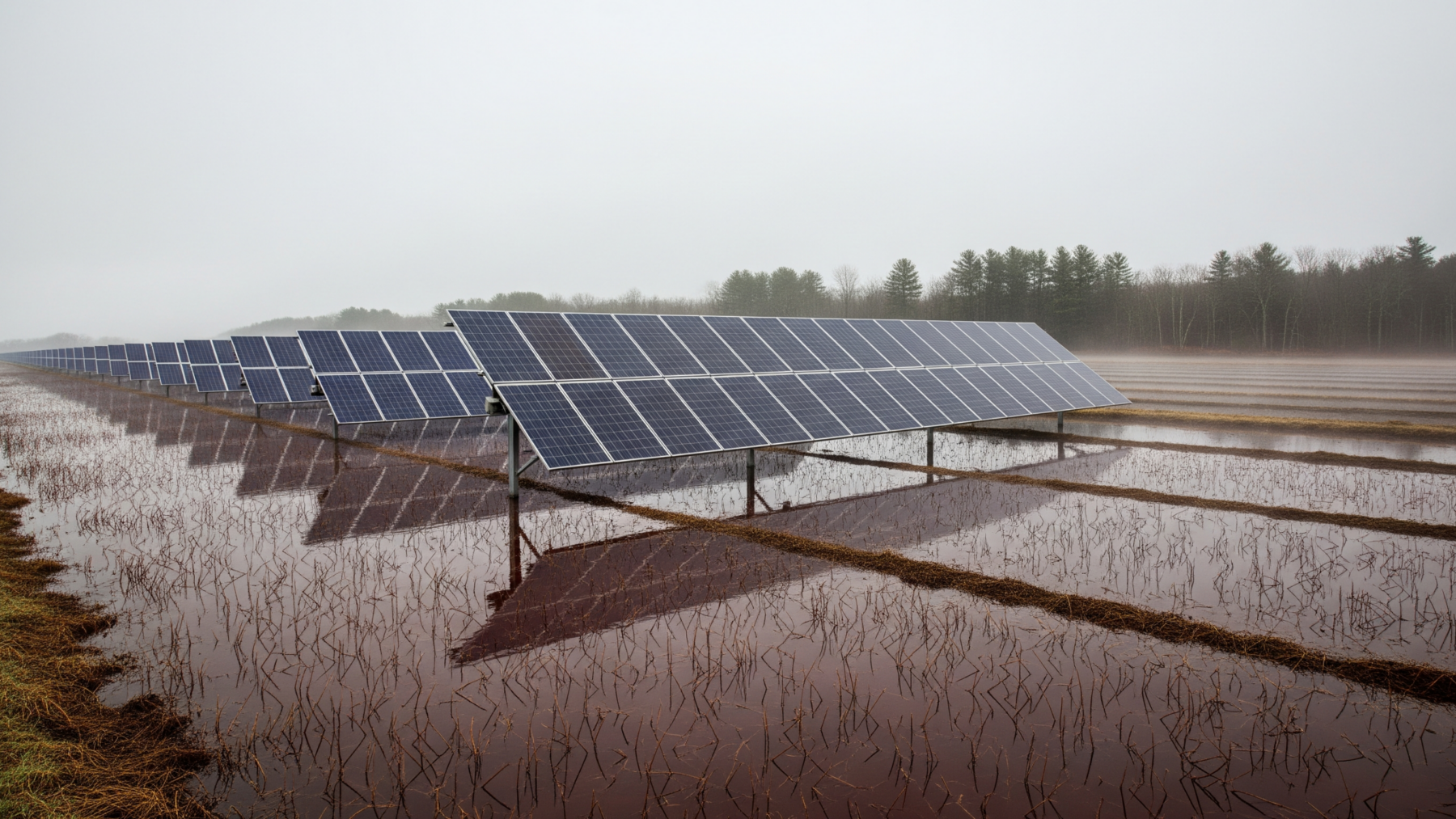 Proposed across about 28 cranberry bog acres beside a Massachusetts river, a solar project spent years in dispute over a coating nobody named on the permit, until the science arrived to reframe the question 1 Ground-mounted solar panels at edge of cranberry bog wetland near river, solar wetland soil visible beneath frames, proposed across about