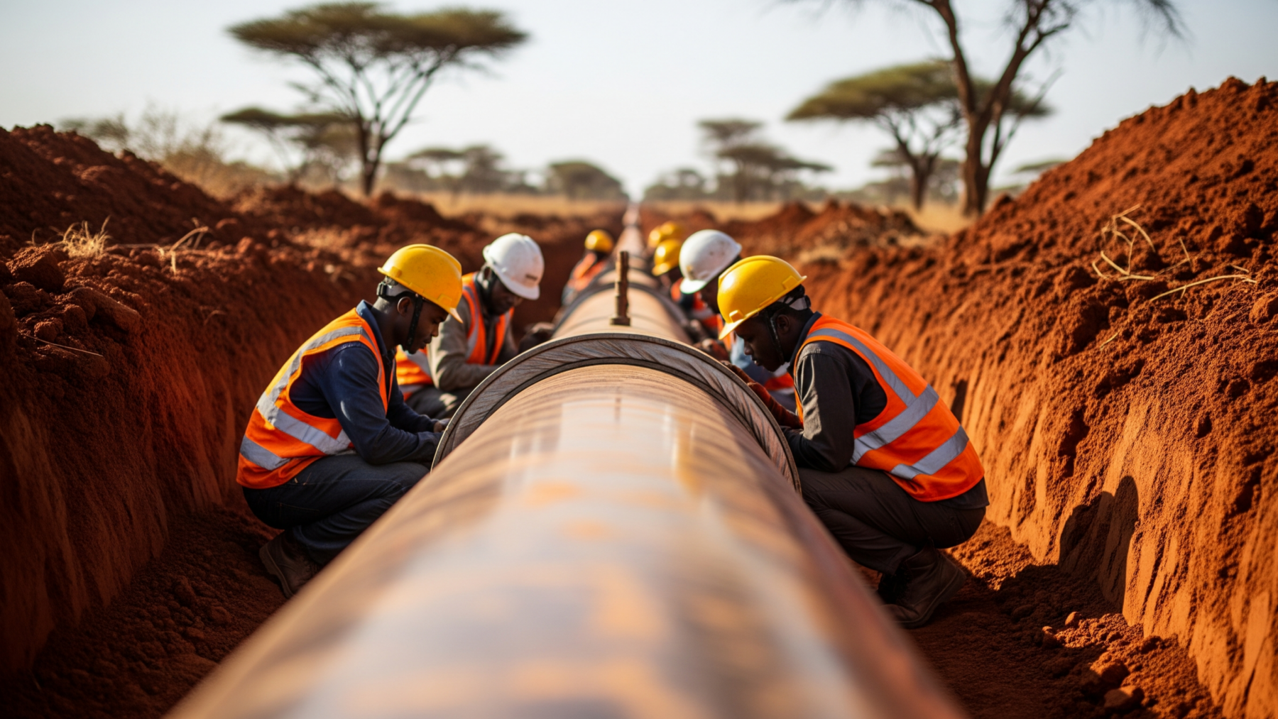 Workers inspect the longest heated oil pipeline under construction in East Africa, running 897 miles