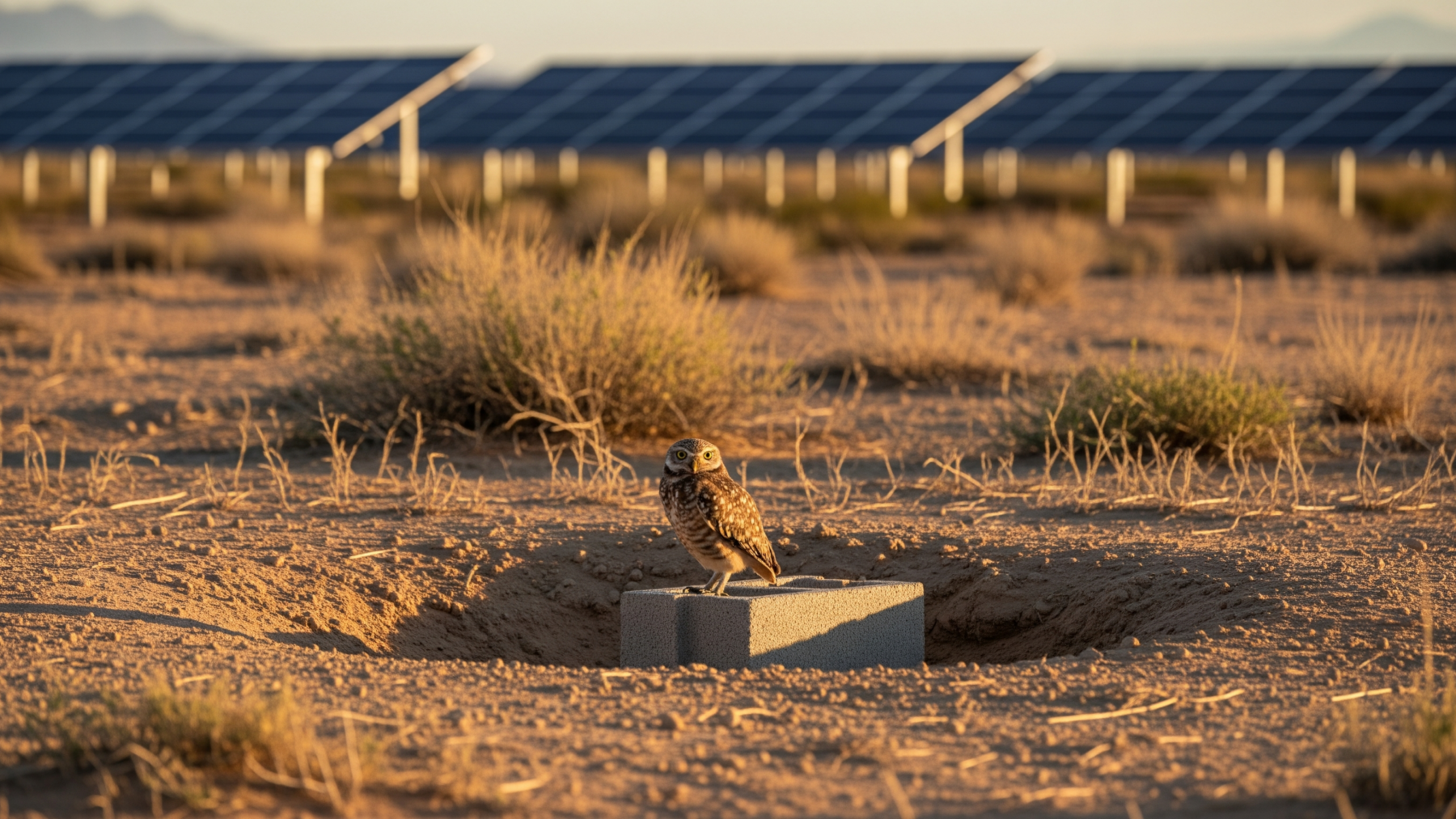 Scattered across 10,000 desert acres, 19 evicted owls were driven 50 miles and released beside active solar panels, and the artificial burrows installed in the sand became the most productive relocation site a conservation crew had ever attempted 1 Burrowing owl perched at artificial burrow entrance beside burrowing owls arizona solar panels, scattered across 10