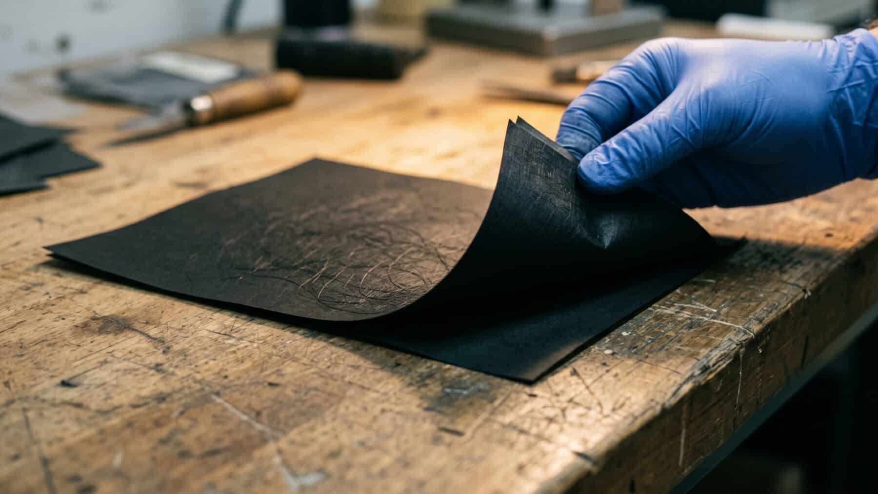 Thin carbonized softwood pulp supercapacitor electrode sheet on a wooden workbench, softwood pulp no
