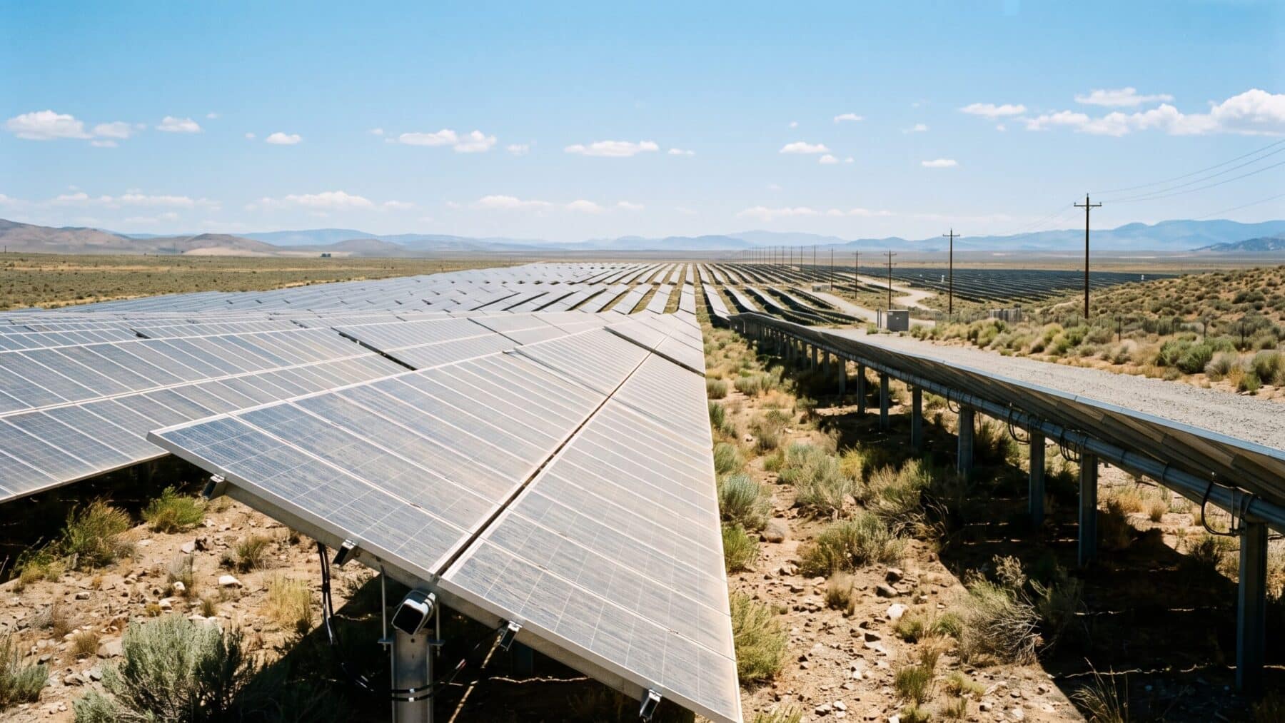Rows of utility-scale solar panels under a clear May sky, solar beats coal milestone, solar panels across