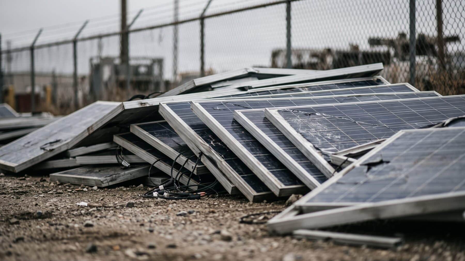 Decommissioned solar panels stacked at an industrial yard awaiting solar panel recycling, solar panels labeled