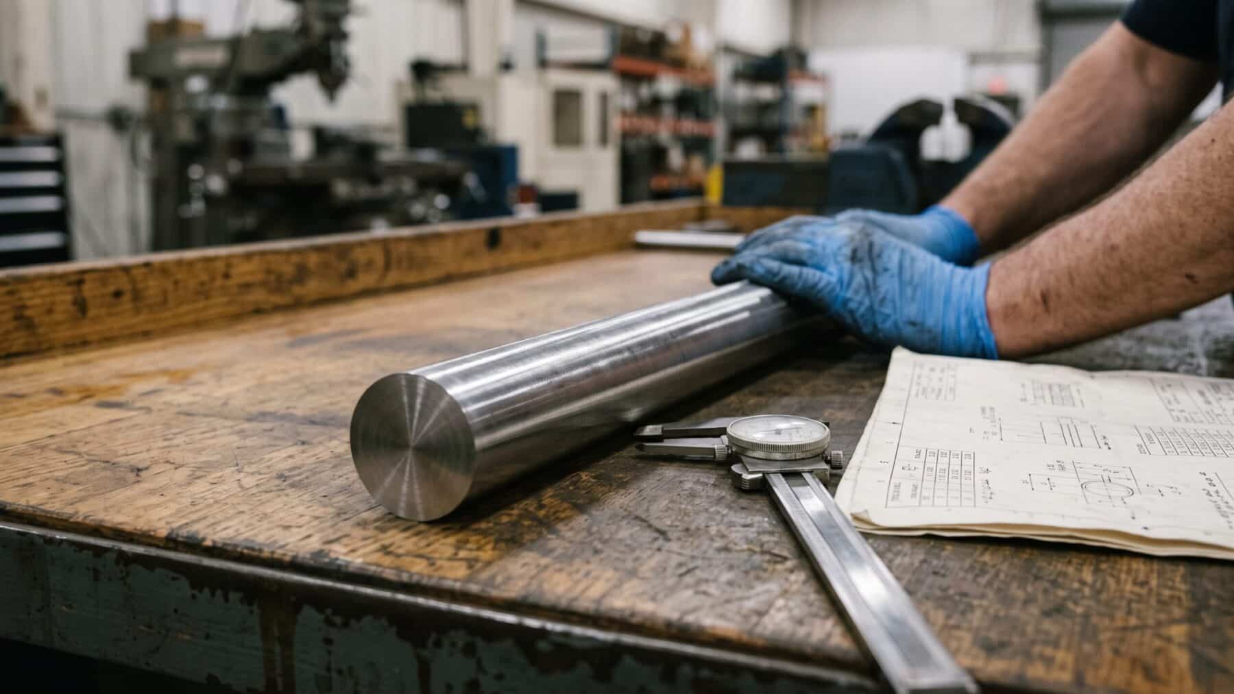 Steel bar stock on inspection bench at nuclear plant valve supplier facility