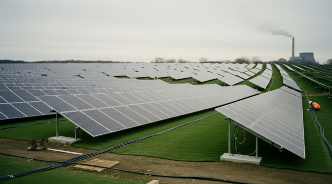 TVA is pressing 240,000 solar panels onto 270 acres of Kentucky coal ash, and the thin synthetic turf layer that seals the poisoned ground is why the site can finally face the sun 13 Coal ash solar panels in tight rows at Project Phoenix Kentucky site, pressing 240 000