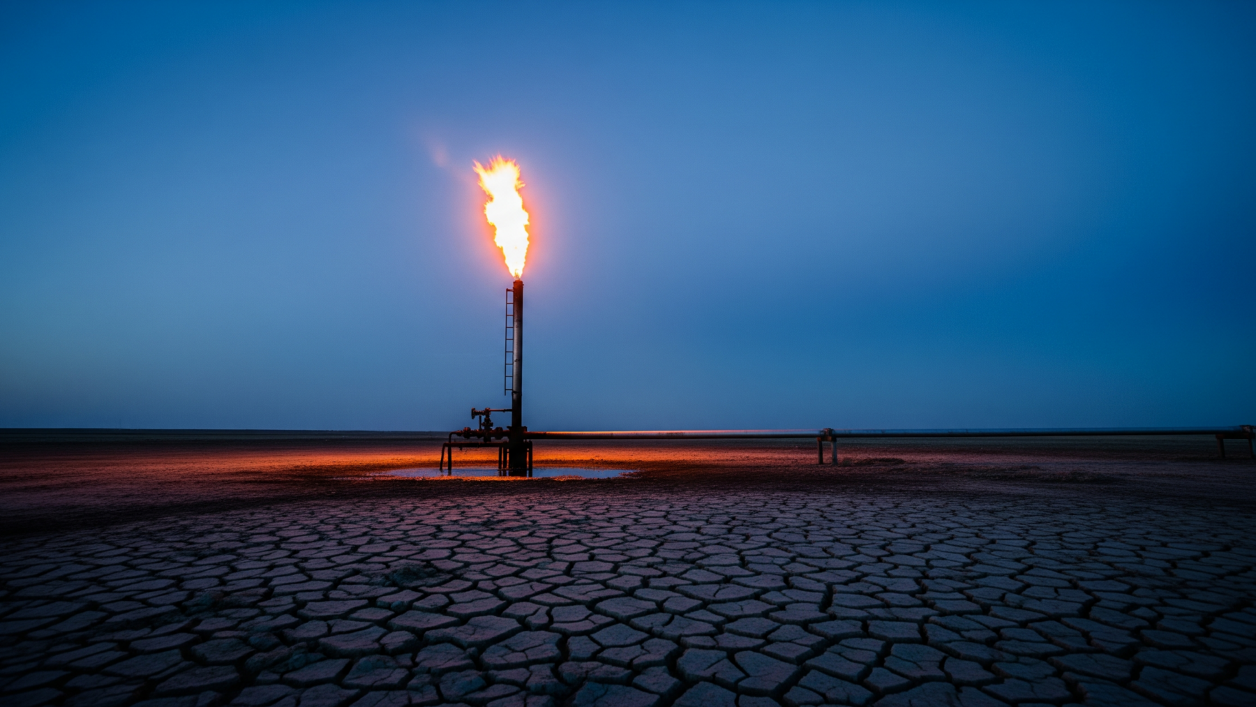 flared gas flame burning above an oil well flare stack at dusk, year above 9