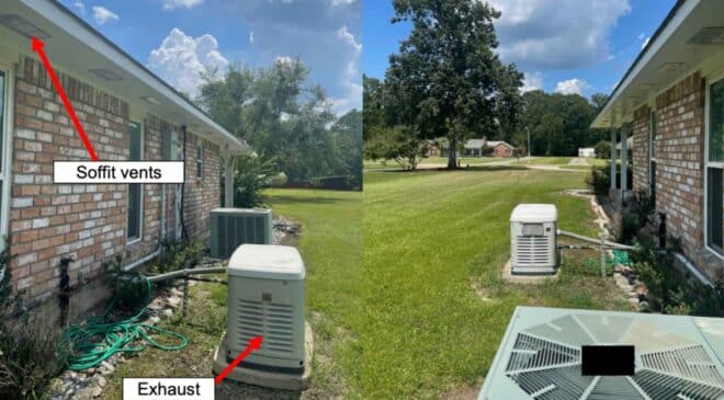 Generator exhaust curling under an eave where carbon monoxide enters