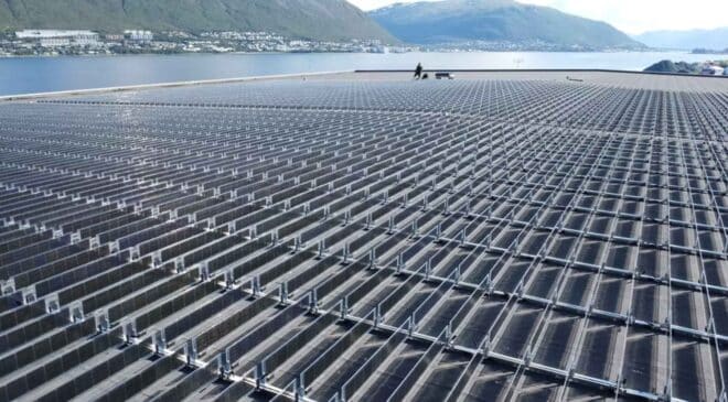 Rows of vertical panels standing on a flat industrial roof