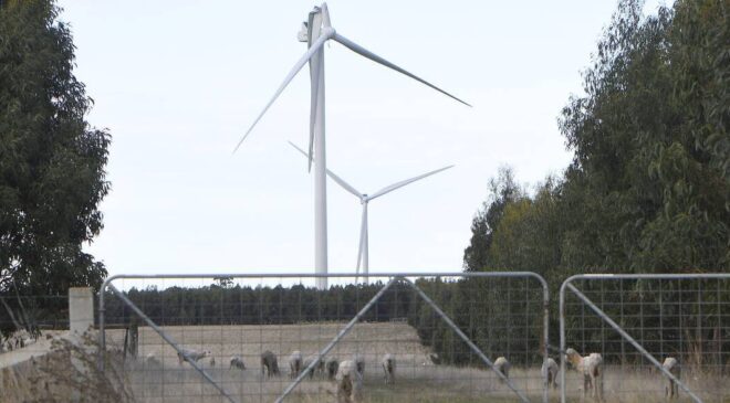 Wind turbine with broken hanging blade at Lal Lal wind farm in Victoria after the wind turbine blade failure, 160 meter wind