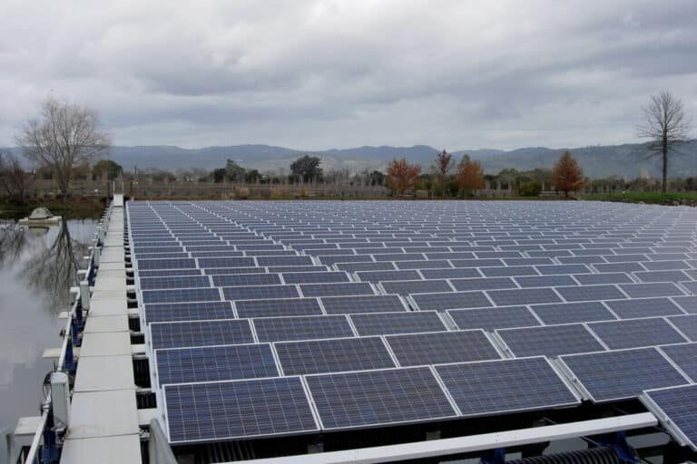 Floating solar modules anchored across an Ohio village reservoir, 12 acre ohio