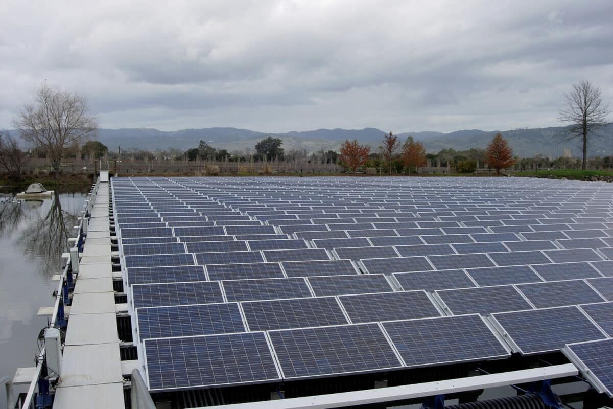 Floating solar modules anchored across an Ohio village reservoir, 12 acre ohio