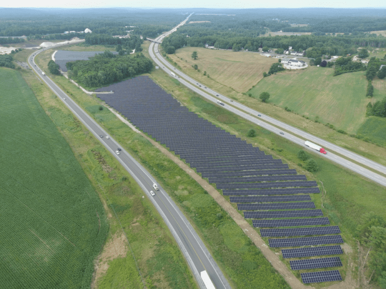 Solar array panels standing on former Sanford Maine brownfield site, 17 acre maine