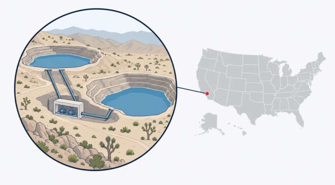 MAPGRAPH Near Joshua Tree two abandoned iron mine pits could become a 1300 MW water battery with four underground turbines