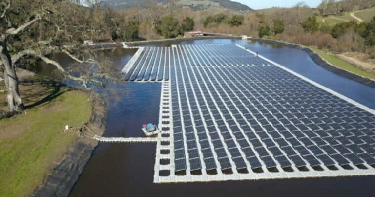 Floating solar panels covering a power plant cooling pond in Florida, bartow florida nearly