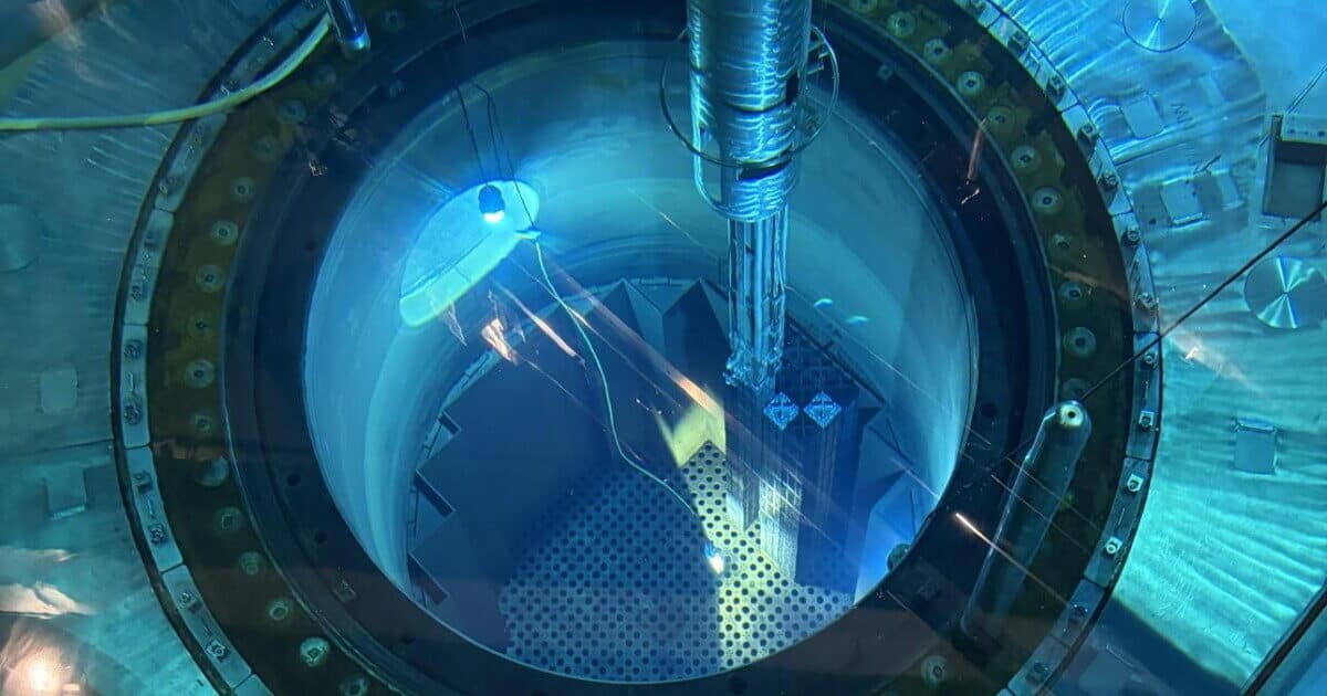 Tilted fuel assembly inside the Palisades reactor vessel during recovery, inside michigan s
